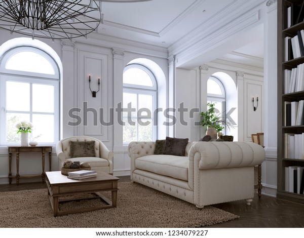 Classic Living Room Paneling Ceiling Moldings Stock