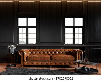 Classic loft black interior with wood panel, chesterfield couch, carpet, flowers, coffee table and windows. 3d render illustration mock up.