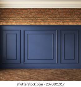 Classic Loft Interior With Blue Wall Panel, Moldings And Brick Wall. 3d Render Illustration Mockup.