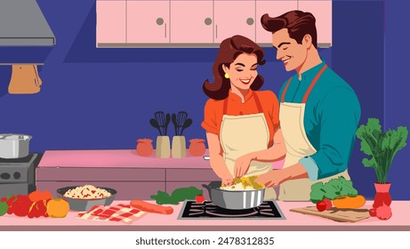 Classic Love in the Kitchen: Retro Couple Cooking Together - Powered by Shutterstock