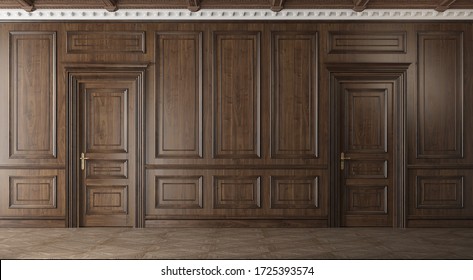 Classic Luxury Empty Room With Wooden Boiserie On The Wall. Walnut Wood Panels, Premium Style. 3d Illustration