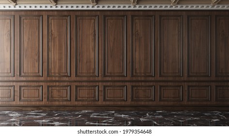 Classic Luxury Empty Room With Wooden Boiserie On The Wall. Walnut Wood Panels, Premium Cabinet Style. 3d Illustration