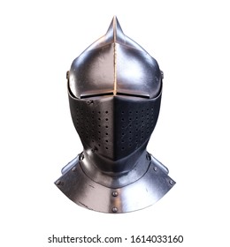 Classic Medieval Knight Armet Helmet with visor. Front view. Used for tournaments or battlefields. 3D render Illustration Isolated on white background.