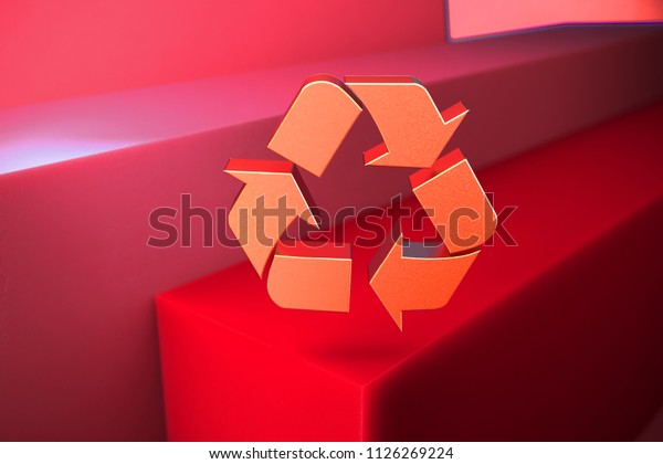 Classic Metallic Recycle Icon on the\
Red Background. 3D Illustration of Metallic Arrows, Circle,\
Recycle, Refresh Icon Set With Color Boxes on Red\
Background.