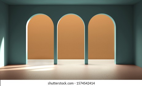 Classic metaphysics surreal interior design, empty space with ceramic floor, archway with stucco colored walls, colorful plaster, unusual architecture, arch project idea, copy space, 3d illustration