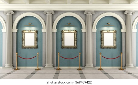 Classic Museum With With Colonnade And Golden Frame On Wall - 3D Rendering