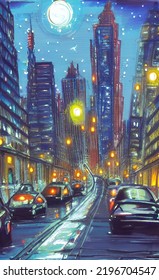 Classic Pastel Nighttime City Scape Illustration  