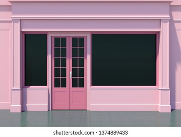 Classic Pink Shopfront With Large Windows. Small Business Pink Store Facade 3D Render