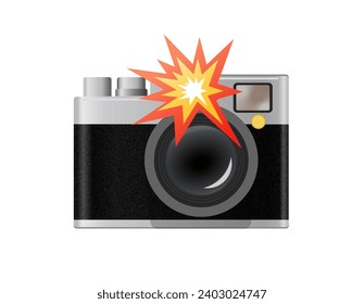 Classic profession black, silver casing camera icon with lens, flash