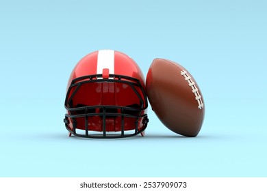 Classic red American football helmet with a brown football is lying on a blue background. 3d render. - Powered by Shutterstock