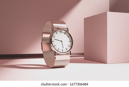 Classic Rose Gold Color Stainless Steel Watch Isolated Pink Paper Box And Planes - 3d Rendering