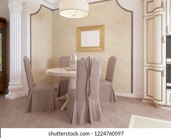 Classic round dining table with four chairs in a luxurious kitchen. 3D rendering.