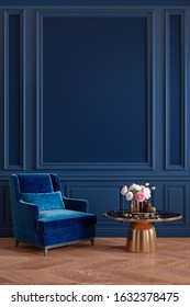 Classic Royal Blue Interior With Armchair, Coffee Table, Flowers And Wall Moldings. 3d Render Illustration Mockup.