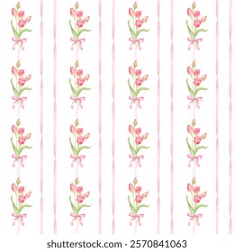 Classic seamless pattern with pink bouquets of flowers and stripes. Cute pattern for wallpaper and packaging. Watercolor illustration is hand drawn and isolated from the background