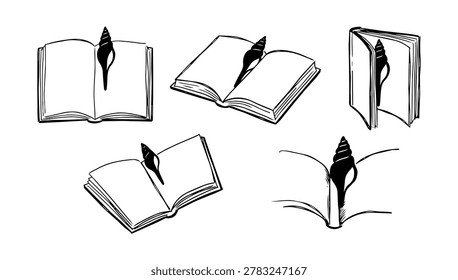 A classic sharp feather quill pen writes elegantly upon an open textbook in this doodle sketch. The composition ensures subjects remain a bit distant, allowing proper alignment in modern vertical media formats. This wonderfully nostalgic literary illustration perfectly highlights historical academic studying, passionate creative journaling, and romantic storytelling.