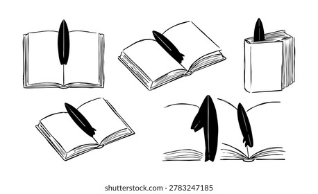 A classic sharp feather quill pen rests gracefully upon a thick open textbook in this sketch. The composition ensures subjects remain a bit distant, allowing proper alignment in modern vertical media formats. This wonderfully nostalgic literary illustration perfectly highlights historical academic studying, passionate creative journaling, and romantic storytelling.