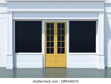 Classic Shopfront With Yellow Door And Large Windows. Small Business White Store Facade 3D Render