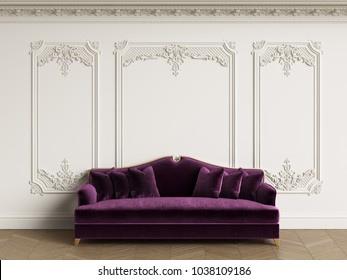 Classic sofa in classic interior with copy space.White walls with mouldings and ornated cornice. Floor parquet herringbone.Digital Illustration.3d rendering