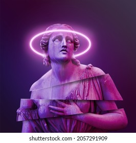 Classic statue background concept. Vaporwave style background. Classic sculpture with color distortion and colored lights. 3d render.