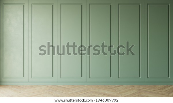 Classic\
style empty green room with wooden floor and classic wall pannels\
and a small ceramic vase with green plant against the wall.\
Perspective of  home interior. 3d\
illustration.