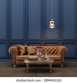 Classic Style Interior.Leather Sofa With Lamp And Blue Wall.3d Rendering