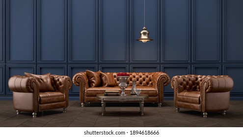 Classic Style Living Room Interior.Leather Sofa,armchair With Lamp And Blue Wall.3d Rendering