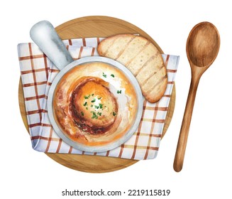 Classic traditional French onion soup in ramekin dish, rustic style. French cuisine. Top view. Watercolor hand drawn illustration. Suitable for menu and cookbook. - Powered by Shutterstock