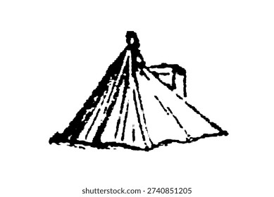 Classic triangular tent with detailed line work, capturing a rustic, historical camping essence, old vintage illustration, 1897.