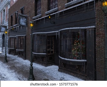 Classic Victorian Street Store Front Facade On Christmas Morning With 19th Century City Buildings, A Touch Of A Dickens Christmas Scene, 3d Render.  
