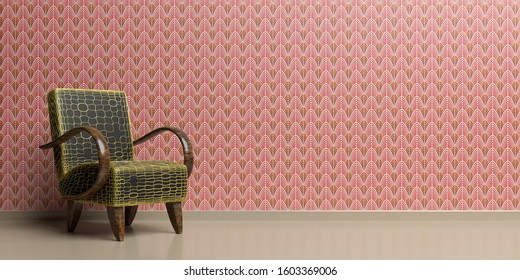 Classic Vintage Armchair On Wallpaper Background Red And Gold Color, Art Deco Style Furniture, Home Interior. 3d Illustration
