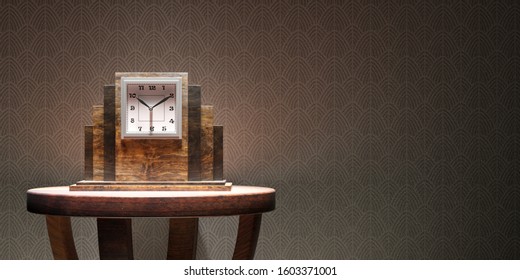 Classic Vintage Clock On A Round Table On Wallpaper Background. Art Deco Style Decoration, Home Interior, Copy Space. 3d Illustration
