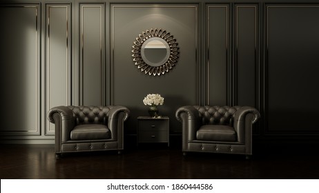 Classic And Vintage Midnight Green Leather Sofa In A Living Room Interior Design And Decoration With Dark And Sepia Toned With Wall Panel And Mirror, 3d Rendering Interior Elegant Vintage Lounge.