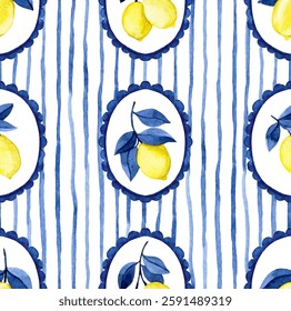 classic watercolor pattern with blue frames, stripes and yellow lemons. Mediterranean print