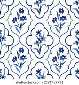 classic watercolor pattern with blue frames, stripes and flowers. cute print for wallpaper and textiles
