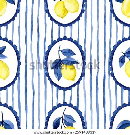 classic watercolor pattern with blue frames, stripes and yellow lemons. Mediterranean print
