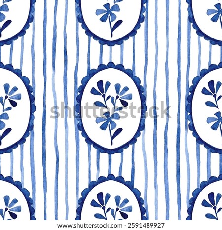 classic watercolor pattern with blue frames, stripes and flowers. cute print for wallpaper and textiles