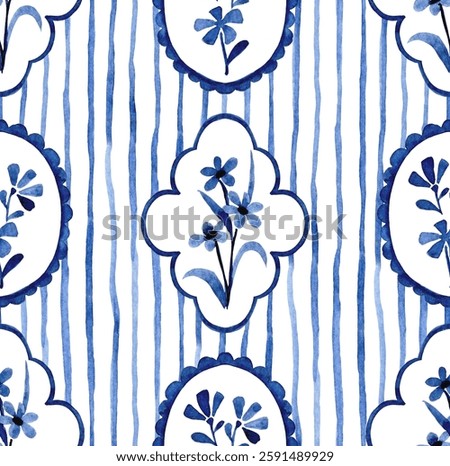 classic watercolor pattern with blue frames, stripes and flowers. cute print for wallpaper and textiles