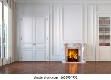 Classic White Empty Interior With Fireplace, Moldings, Wall Pannel, Window, Door. 3d Render Illustration Mock Up.