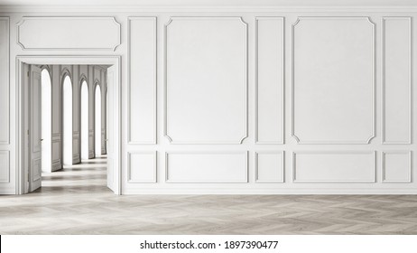 Classic White Empty Interior With Wall Panels, Open Door And Wooden Floor. 3d Render Illustration Mock Up.