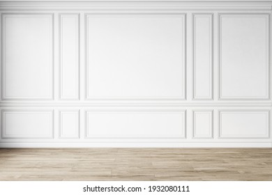 Classic white empty interior with wall panels, moldings and wooden floor. 3d render illustration mock up.
