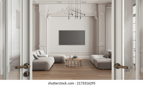 Classic White Glass Door Opening On Neoclassic Living Room With Modern Velvet Sofa And Decors, Molded Walls, Welcome Home Concept, Interior Design Idea, 3d Illustration