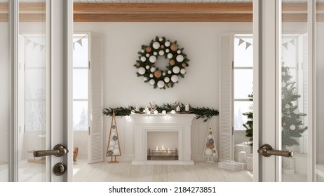 Classic White Glass Door Opening On Christmas Living Room With Tree And Fireplace, Panoramic Windows On Winter Landscape, Welcome Home Concept, Interior Design Idea, 3d Illustration