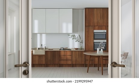 Classic White Glass Door Opening On Wooden Japandi Kitchen And Dining Room. Welcome Home Concept, Interior Design Idea, 3d Illustration