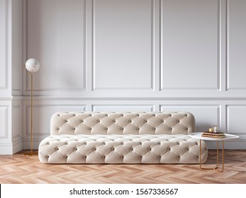 Classic white interior with capitone chester sofa, mouldings, wooden floor, floor lamp, coffee table. 3d render illustration mock up.