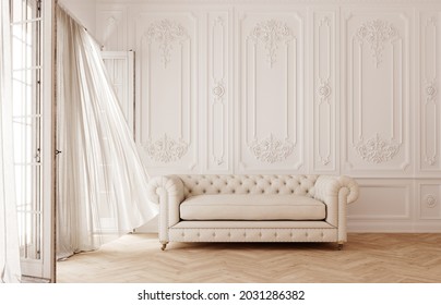 Classic white interior design white sofa and curtains 3D Rendering, 3D Illustration