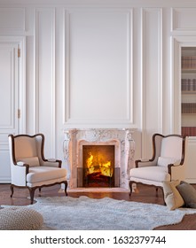 Classic white interior with fireplace, armchairs, moldings, wall pannel, carpet, fur. 3d render illustration mock up.