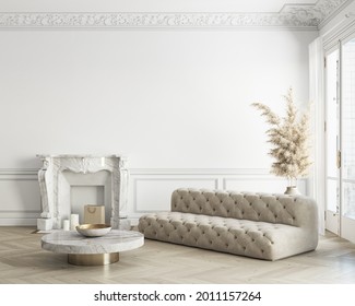 Classic White Interior With Sofa, Fireplace And Decor. 3d Render Illustration Mockup.