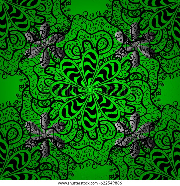 Classic white pattern. Floral ornament brocade
textile pattern, glass, metal with floral pattern on green
background with white
elements.