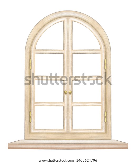 Klassisches Holzbogenfenster Mit Bronzebeschlage Und Fenstersill Stockillustration