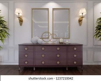 Classic wooden chest of drawers with sliding cabinets and empty paintings and sconces on the wall in the dining room. 3d rendering